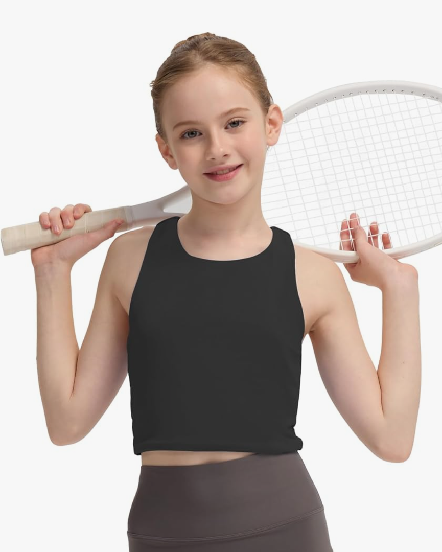 BAMBOO COOL Girls Tank Tops Crop Top Double Lined High Crew Neck Racerback Cropped Undershirts Dance Yoga Gymnastics, Size M