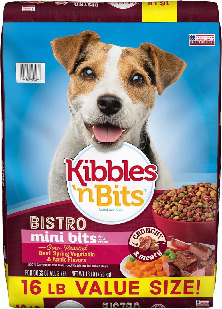 Kibbles 'n Bits Bistro Small Breed Mini Bits Oven Roasted Beef Flavor Dry Dog Food, 16lb bag, Best By 04/10/2025