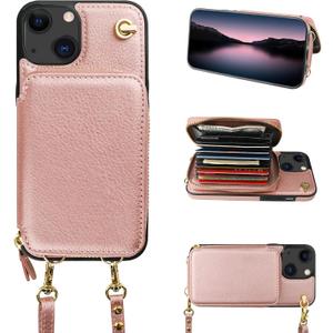 Bocasal Crossbody Wallet Case for iPhone 14/13, RFID Blocking Leather Purse Case with Card Holder, Protective Handbag Flip Cover with Zipper Wrist Strap Lanyard for Women 5G 6.1 Inch (Rose Gold)