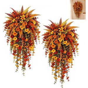 2 PCS Artificial Fall Hanging Basket Decor, Faux Autumn Persian Grass & Morning Glory Arrangement, UV Stable Artificial Florals for Porch Outdoor Autumn Display
