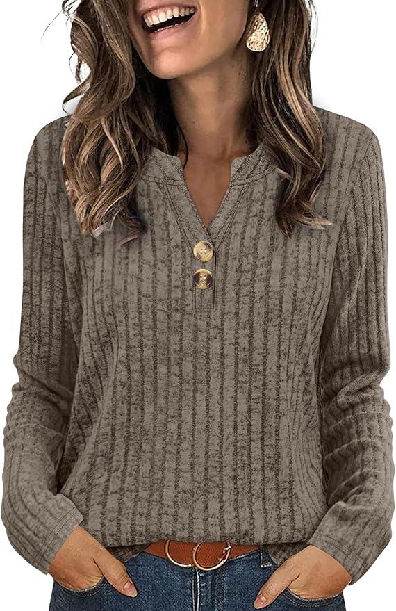 SAMPEEL Womens Sweaters Lightweight Long Sleeve Shirts V Neck Tops with Button Fall Outfits 2025 (X-Large, Apricot)