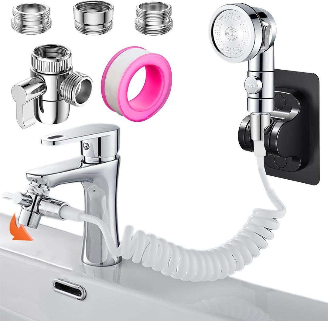 Sink Handheld Shower Kit with 9.8ft Telescopic Hose, Kitchen Bathroom Faucet Sprayer Attachment with 3 Adapters M22 M24 G1/2, for Hair Washing, Baby Shower, Pet Shower (Faucet Not Included) (White)