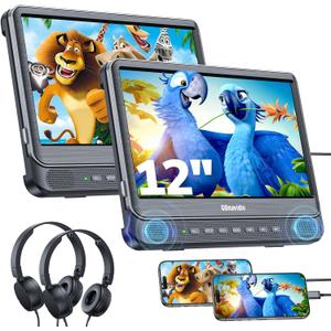 GOnavidio 12" Dual Car DVD Players with HDMI Input, Car TV Screen with Headphones, Mounting Brackets, Support Sync TV/Phone, USB/TF Card, MP4/MKV, Play Same/Different Movies, Dual Speakers, No Battery