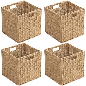 Handwoven Paper Woven Cube Basket Organizer with Handles Set of 4 Foldable Storage Baskets for Bedroom Living Room Cubby Storage Units for Clothes Books Toys (Natural, 13" L x 13" W x 13" H)