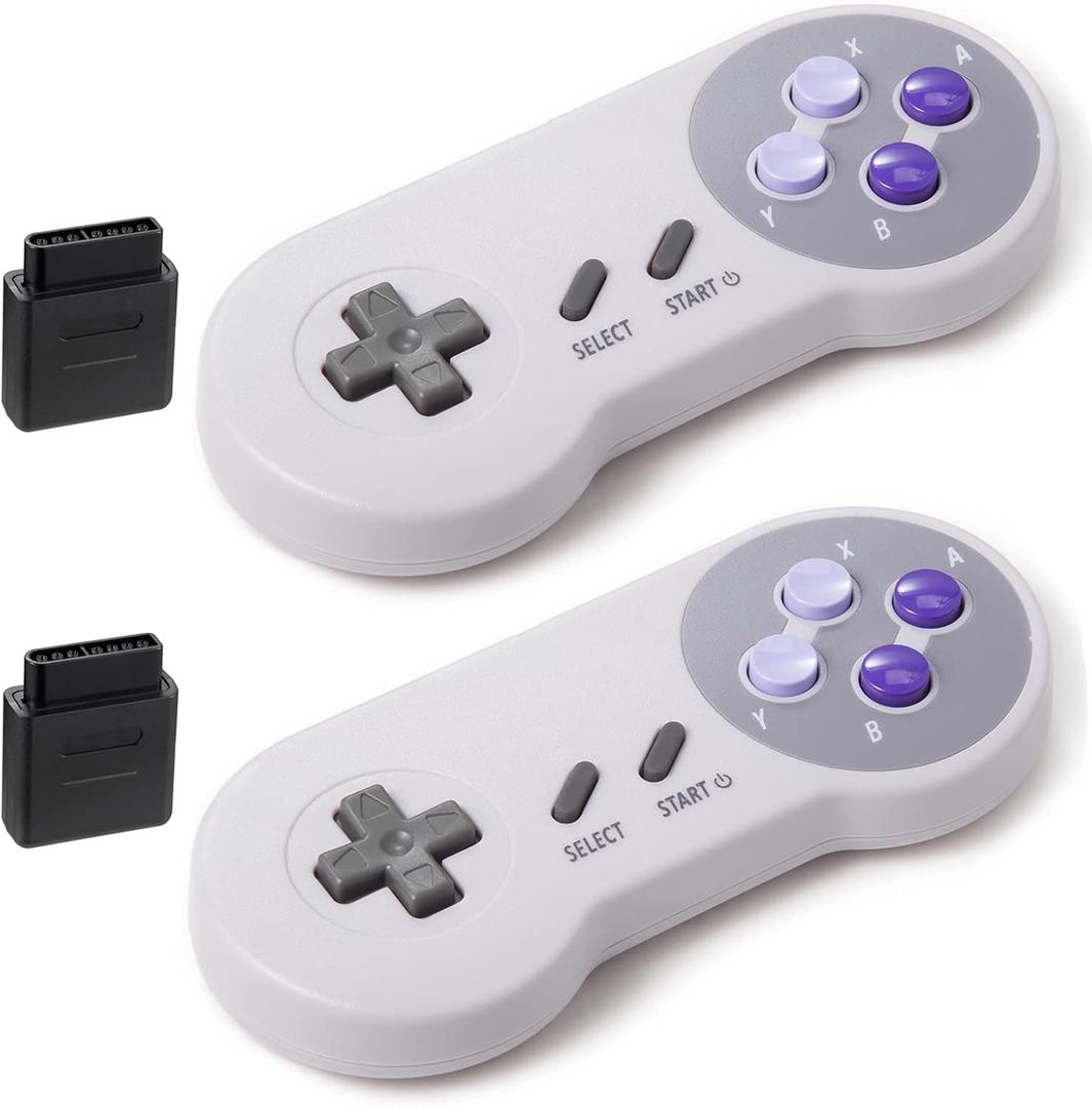 KIWITATA 2 Pack 2.4GHz Wireless Controller for SNES Original Console, Rechargeable Wireless Remote Gamepad Controller for SNES Super Entertainment System Console (Purple button)