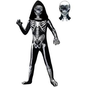 Kids Halloween Skeleton Costume, Hooded Skeleton Jumpsuit Bones with Mask for Boys and Girls Halloween Cosplay Costume Party