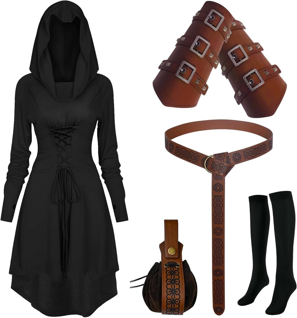 Renaissance Costume Women Hooded Robe Lace Up Dress Halloween Vintage Medieval Cloak (X-Small, Black)