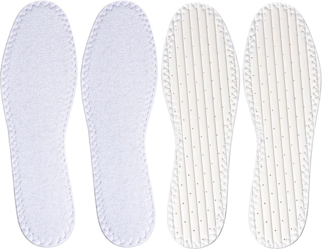 Happystep Terry Cloth Shoe Inserts - Washable Shoe Insoles & Sockless Shoe Liners for Women - Cotton Barefoot Sweat Absorption, Zero Drop Odor Control (2 Pairs White Color) Men Size 13