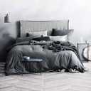 ECOCOTT Grey Duvet Cover Full Size, 100% Washed Cotton 1 Duvet Cover with Zipper and 2 Pillowcases, Ultra Soft and Easy Care Breathable Cozy Simple Style Bedding Set (Dark Grey,Full)