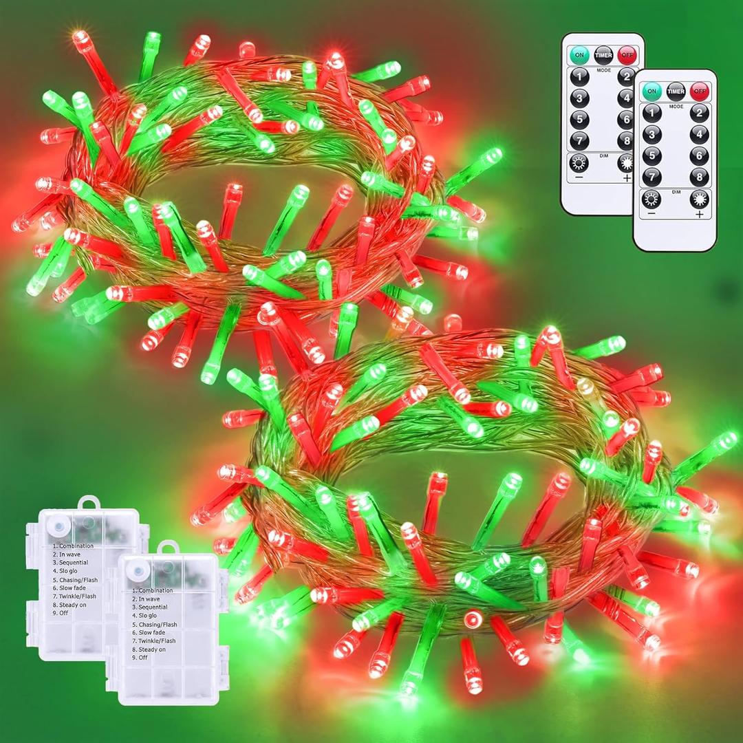 YEGUO Christmas Lights Battery Operated, 2 Pack Each 33ft 100 LED Red and Green String Lights Outdoor Waterproof,8 Modes Clear Wire Fairy Light Indoor with Remote