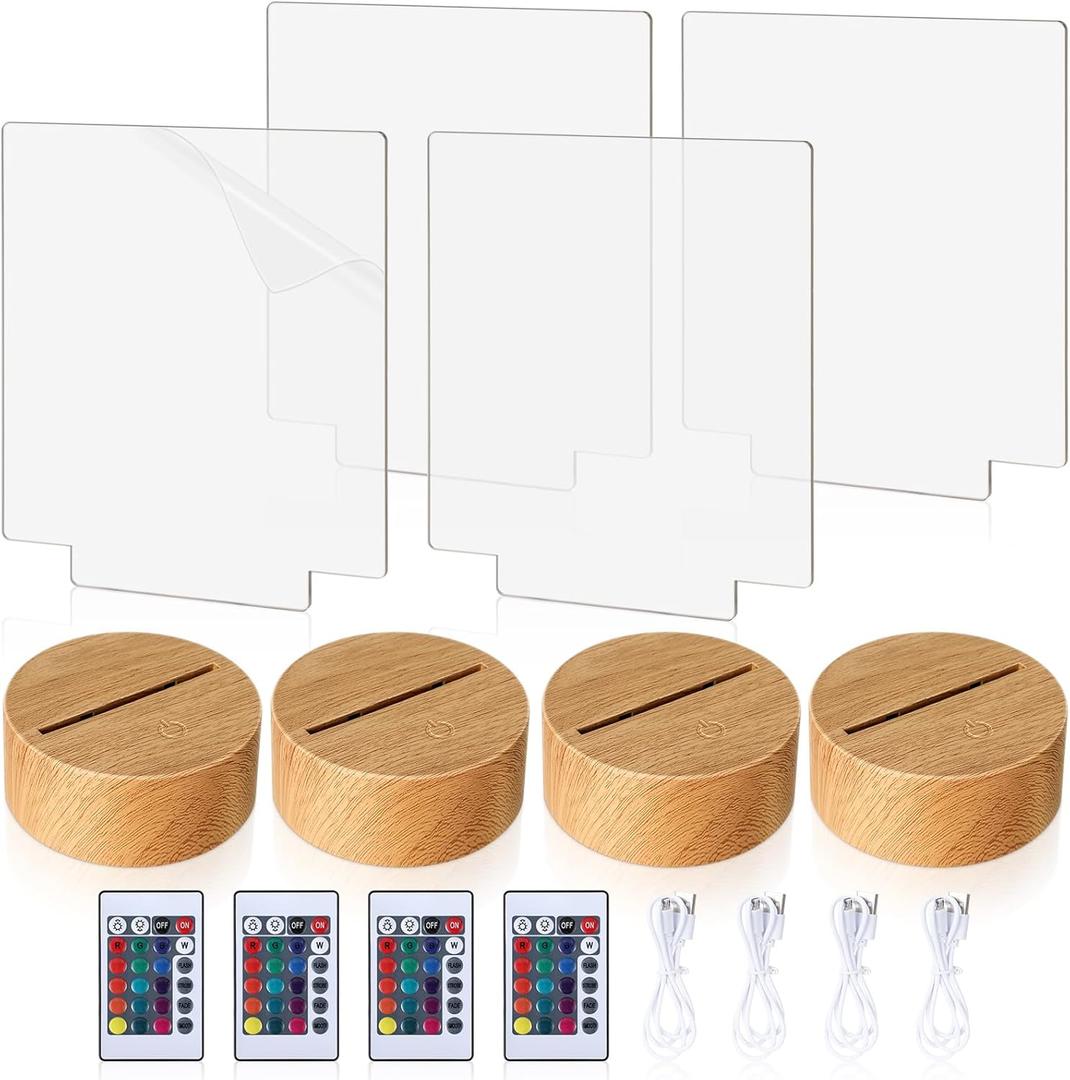 Baquler 4 Set LED Night Light Lamp Base Gift DIY 3D Clear Acrylic Blank Engrave Sheets with Remote Control USB Cable 16 Color 4 Mode for Christmas Room Cafe Bar Birthday Party Decoration(Square)