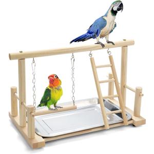 Natural Wood Bird Playground Parrot Perch Playstand Play Gym Stand Playpen Perches Ladder Swing Platform with Toys Exercise Playgym for Luonfels,Budgie,Cockatiels,Conures,Parakeets,Lovebird