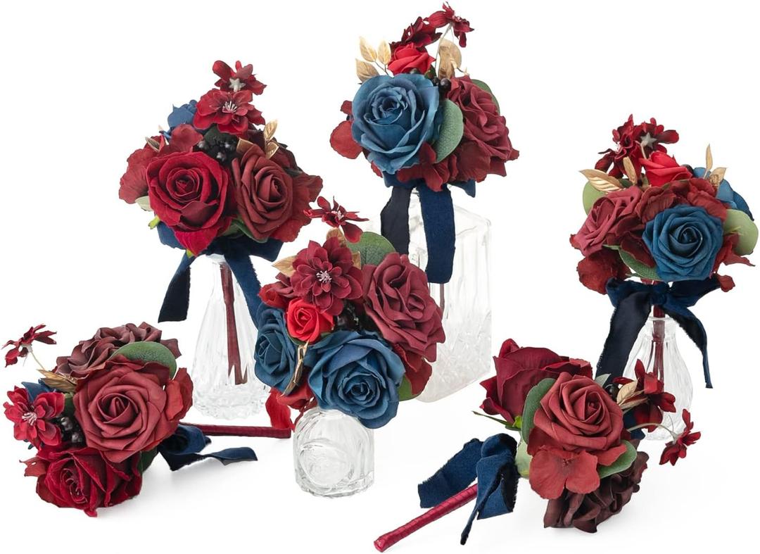 Ling's moment Burgundy & Navy Wedding Flowers Mini Bridesmaid Bouquets Maroon Rose Set of 6 Pre-Made Small Floral Dark Red Wedding Centerpieces - Burgundy & Navy