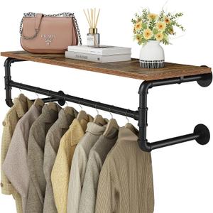 Clothes Rack with Top Shelf, 43.3in Industrial Pipe Wall Mounted Garment Rack, Space-Saving Display Hanging Clothes Rack, Heavy Duty Detachable Multi-Purpose Hanging Rod for Closet Storage