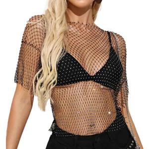 Formery Mesh Rhinestone Cover Ups Black Crewneck See Through Coverup Top Music Festival Party Cover Ups Body Chain for Women (Large)