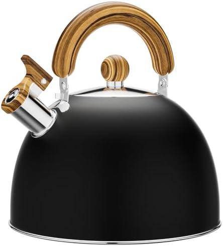 4.2 Quart Tea Kettle Stovetop Whistling for Stove Top Food Grade Stainless Steel Tea Kettles with Cool Wood Pattern Handle Black