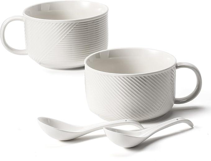 Microwave Soup Bowls with Handles: 38 Ounce Extra Large Ceramic Soup Mug with Handle & Spoon - Oversized Ramen Bowl Set of 2, 6 Inch, White