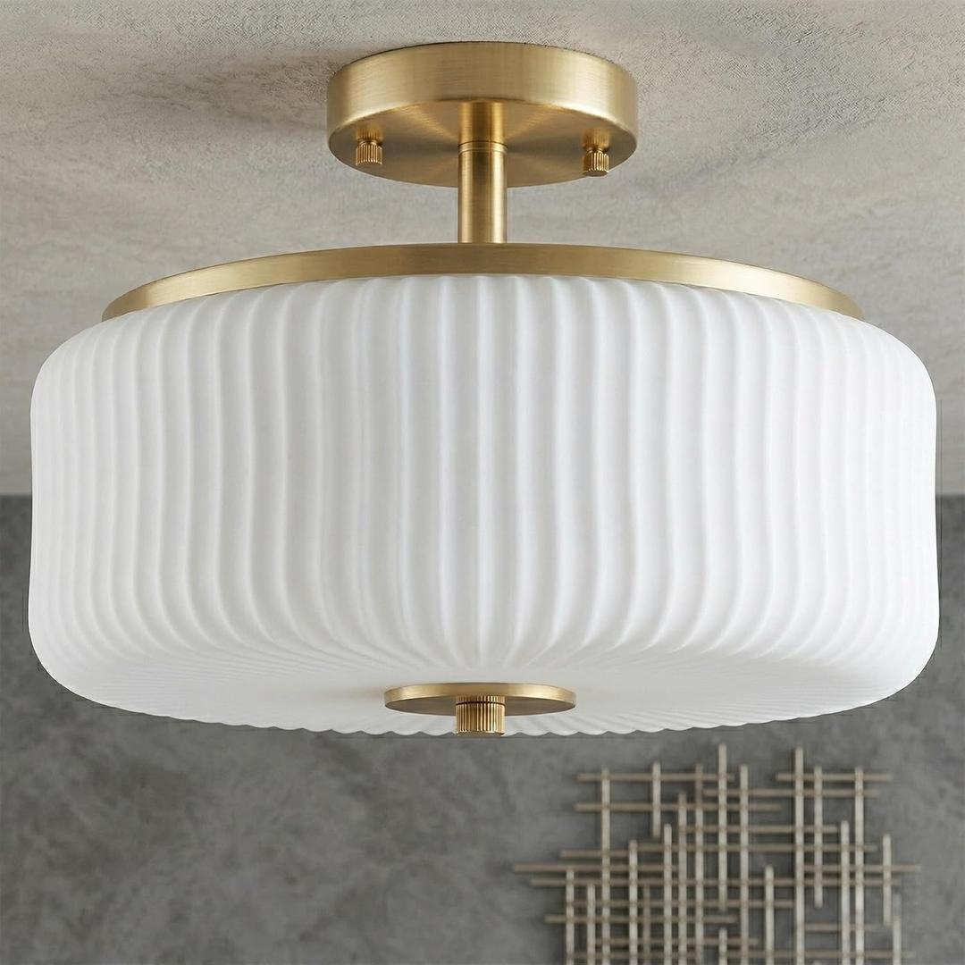 3-Light Gold Semi Flush Mount Ceiling Light, 11.8" Modern Schoolhouse Light Fixtures Ceiling Mount with Ribbed Opal Glass Shade, Anti-Glare Close to Ceiling Lamp for Bedroom Kitchen Hallway Entryway, 11.81 inches diameter, 10.24 inches height