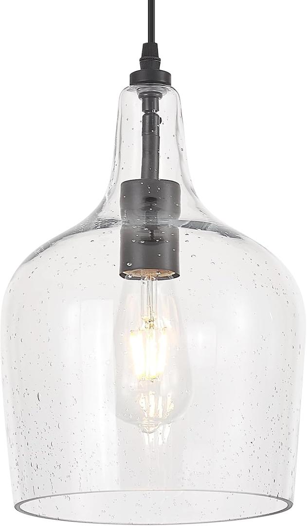Seeded Glass Pendant Light Modern Black 1 Light Single Dome Pendent Lighting Fixtures for Kitchen Island Dining Room Hallway, Dia 9 Inch, E26, UL Listed