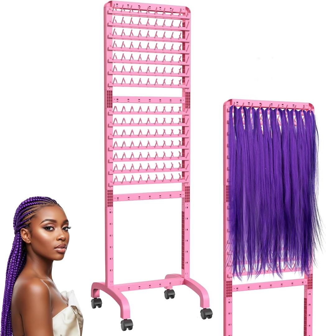 Adjustable Braiding Rack 280 Pegs, 2-Sided Braiding Hair Rack for Braiders, Standing with Wheels, Pink Hair Separator for Stylists