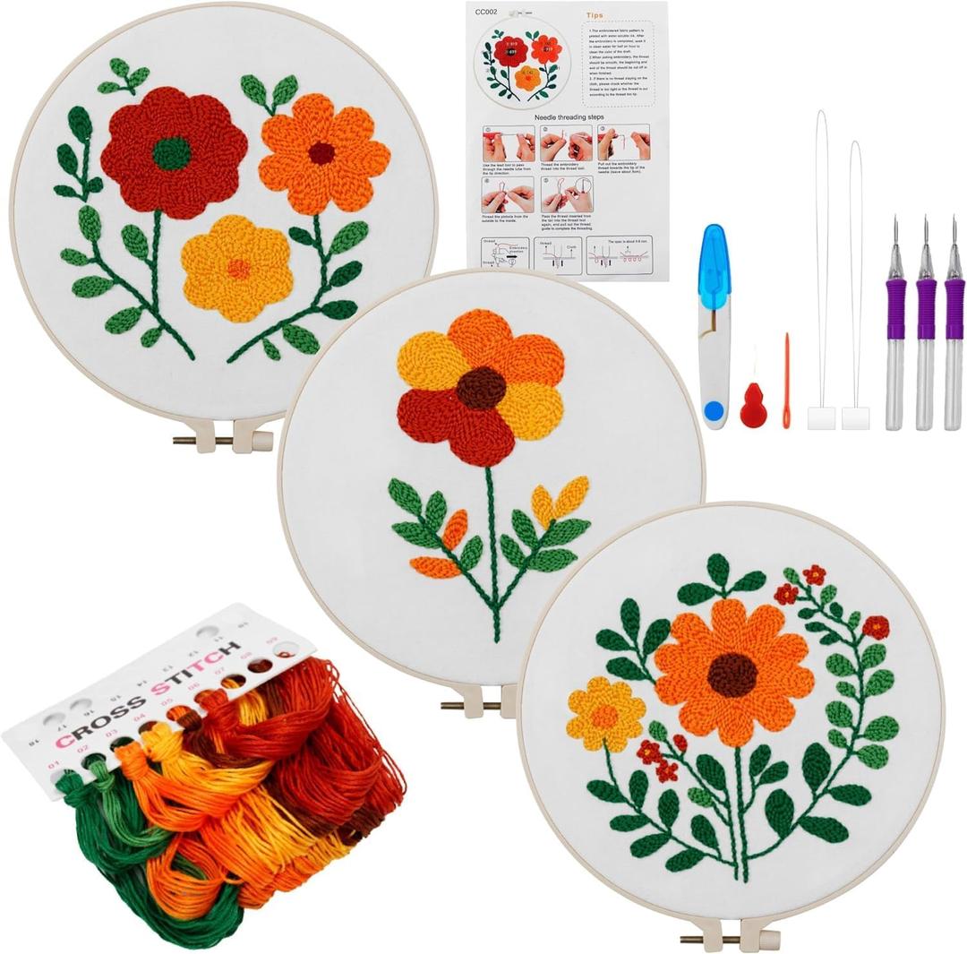 Punch Needle Embroidery Kit for Beginners Complete Set with Patterned Fabric, Hoops, Yarns & Tools DIY Rug-Punch Craft Kit for Adults (3 Designs)