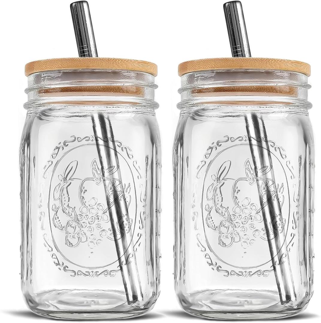 MEM WORLDSHOP Reusable Glass Cups With Lids and Straws - (2 Pack) - Wide Mouth 32 oz Mason Drinking Jars with Reusable Bamboo Lids & Stainless Steel Straws for Iced Coffee, Smoothie, Milkshake, Tea
