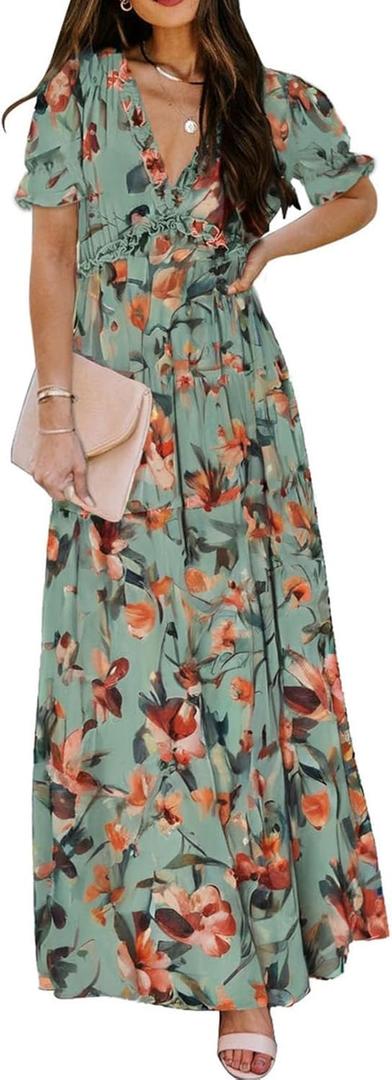 BLENCOT Womens Casual Boho Floral Printed V Neck Short Sleeve Long Evening Dress Ruched Cocktail Party Maxi Wedding Dress (Large, Green)