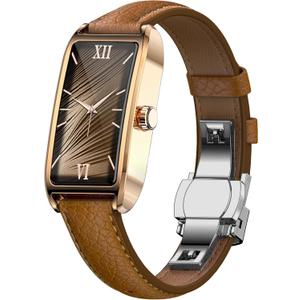 Amoled Laies Smart Watch for Women Smartwatch with Leather Strap Heart Rate Stress Sleep Monitor 12 Sports Modes Fitness Tracker Watch Notifications Music & Camera Control Waterproof iOS Android (Peach Brown & Gold)