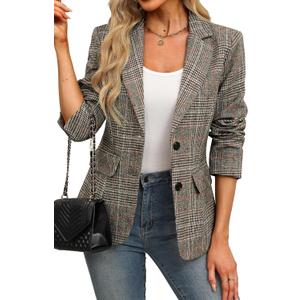 ELLEVEN Women's Lapel Collar Plaid 2 Button Boyfriend Blazer Suit Houndstooth Work Office Blazer Jacket (XX-Large, Khaki Plaid)