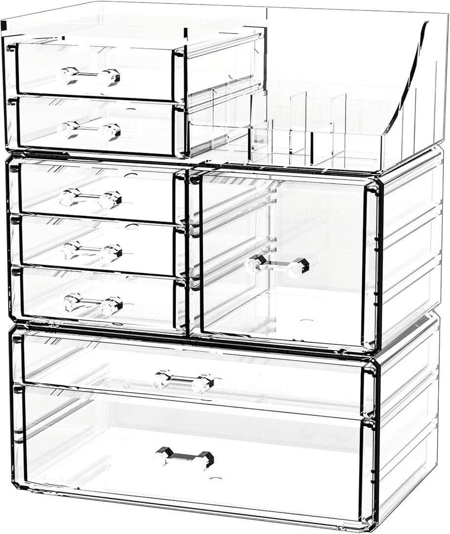 Acrylic Clear Makeup Organizer Countertop,Stackable Skincare Organizer for Vanity With 8 Drawers,Large Plastic Desk Accessories Organization,Bathroom Cosmetic Organizer Countertop for Beauty,Skin Care (8 Drawers-Set of 3)