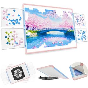 1500 Pieces Puzzle Board 3-in-1 Double-Sided & Rotating & Tilting, Plastic Puzzle Table with Sorting Boxes and PVC Cover, Portable Lazy Susan Jigsaw Puzzle Board for Adults, Blue Pink, Medium-1500pcs
