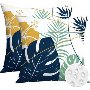 OTOSTAR Outdoor Waterproof Throw Pillow Covers 18x18 Inch Set of 2 Double-Sided Dark Blue Yellow Tropical Leaf and Flower Spring Summer Decorative Pillow Cases for Patio Funiture Garden Balcony Couch