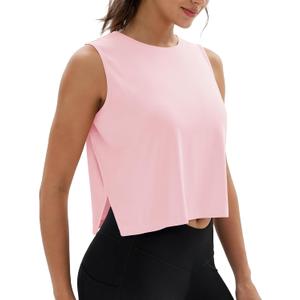 MAGCOMSEN Tank Tops for Women Crop Workout Sleeveless Tank Loose Fit Gym Yoga Muscle Top with Side Slits (Pink)
