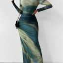 MARZXIN Women Long Sleeve Maxi Dress Bodycon Ruched Formal Slim Fit Tie Dye Dress Formal Mesh Dress (S)