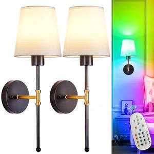 Depuley Battery Operated Wall Sconce: Set of 2 19.99" Wireless Wall Lights with Remote for Bedroom - Rechargeable 15 Colors Black and Gold Wall Lamp for Living Room Hallway Decor, Black and Gold