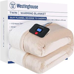 Westinghouse Electric Blanket Twin, Heated Blanket Twin Size with 10 Heating Levels and 1 to 12 Hours Heating Time Settings, Flannel to Sherpa Reversible, Machine Washable (62" x 84", Beige)