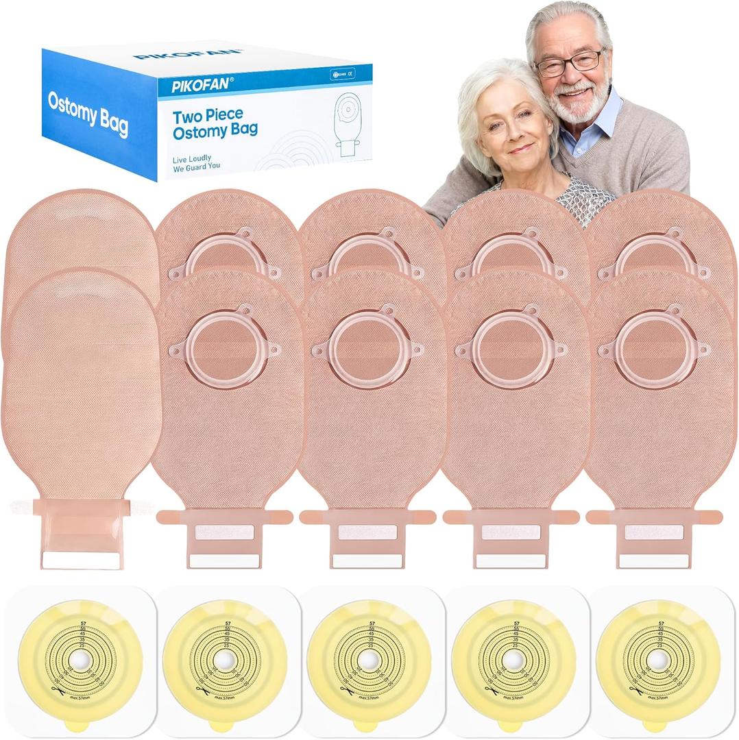 60 Count) 40 Colostomy Bags+20 Barriers, Two-Piece System with Hook and Loop Closure, Ostomy Supplies for Stoma Care, Effective Odor Control, Gentle on Skin, 15mm-57mm Cut to Fit