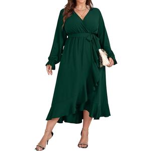 Women Plus Size Formal Dresses Fall Long Sleeve Faux Wrap V Neck High Low Ruffle Cocktail Wedding Guest Maxi Dress, 3XL