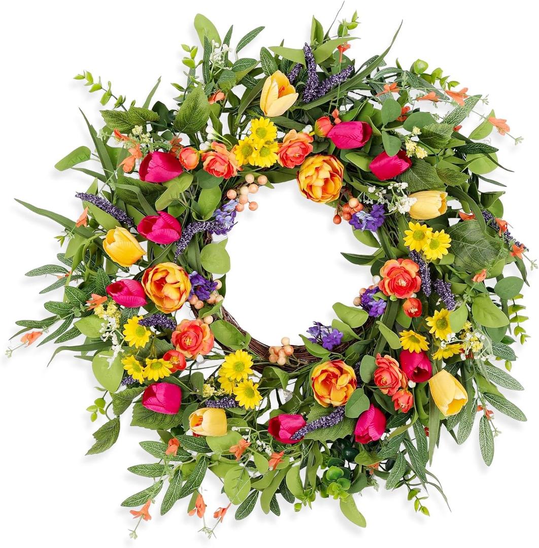 24 Inch Tulip Wreaths for Front Door, Spring Summer Wreath for Wall Porch Window with Tulip and Eucalyptus, Indoor and Outdoor Artificial Floral Wreath Home Decor, Party Holiday Anniversary Decoration