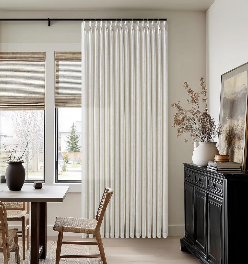 92 Inch Long Pinch Pleat Linen Curtains for Living Room 2 Panels Set Natural Cream Boho Semi Sheer Light Filtering Neutral 92 Inch Pleated Curtain with Rings Hooks Floor Ceiling Bedroom Window