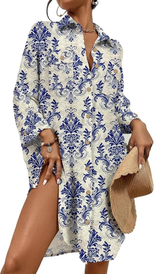 Bsubseach Womens Modern Swimsuit Cover Up Blouse Button Down Shirt Dresses Tops (Large, Retro Blue)