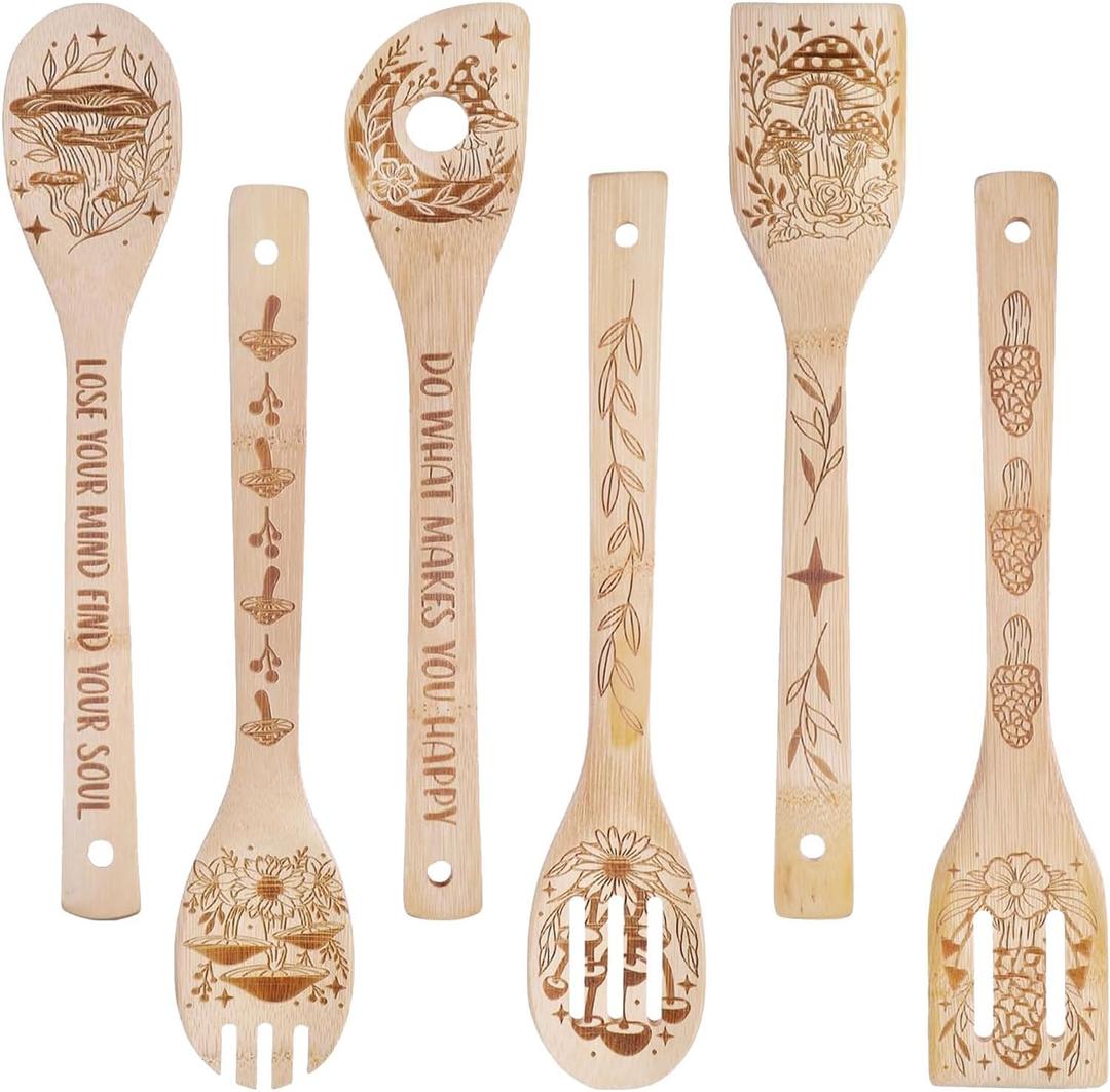 GLOBLELAND 6Pcs Mushroom Bamboo Cooking Utensils Wooden Engraved Cooking Spoons Set Carving Kitchen Bamboo Spatula Set for Women and Men Wood Cooking Spoon for Kitchen House Warming Gift