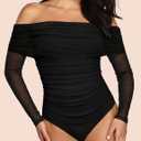 SAUNGKUAI Women's Off The Shoulder Long Sleeve Bodysuit Sexy Slimming Body Suit Tops Sheer Mesh Ruched Fall Outfits 2026 (Black, L)