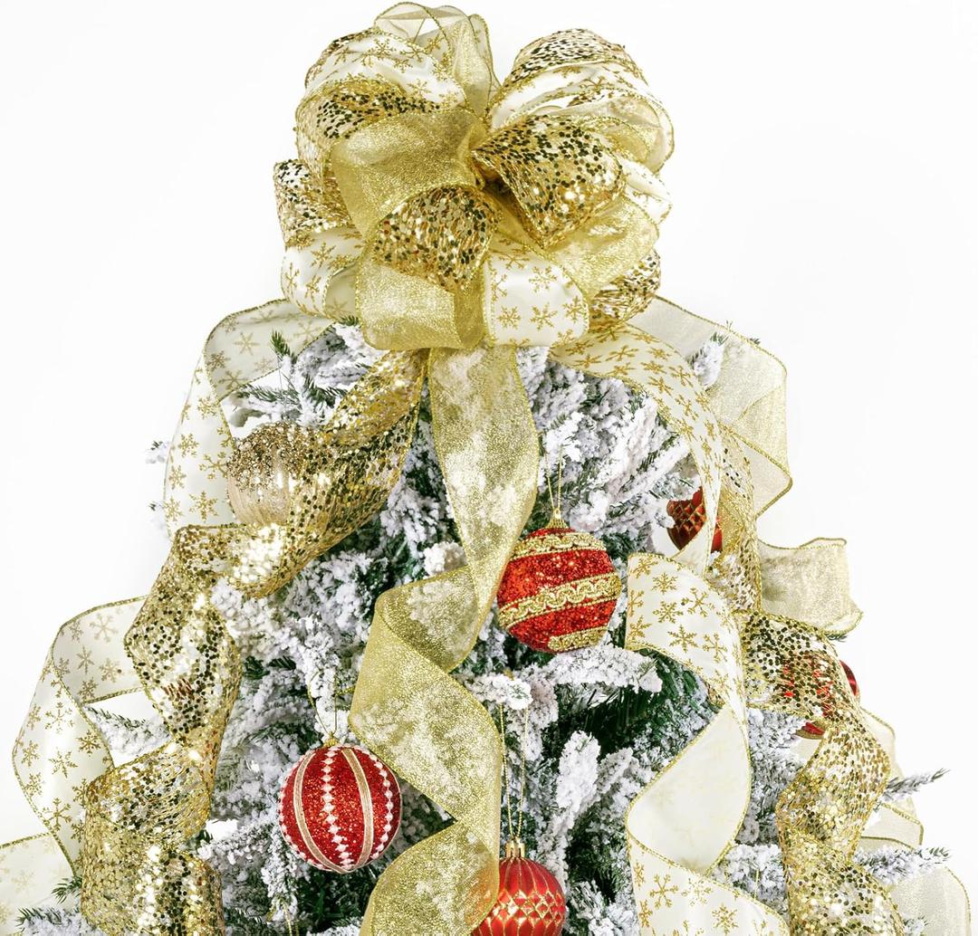 Gold Glitter Christmas Tree Topper Bow 11 Inch with 6 Ribbon Tails 3 Yards Long Wired Ribbon for Holiday Easy Style Party Decoration