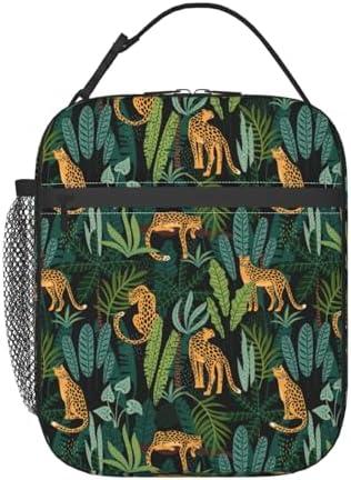 cromcu Insulated Lunch Box for Girls Kids Women Cheetah Lunch Box for Work,Picnic,School,Travel,Hiking,Beach or Fishing Polyester Leopard Print Palm Green Theme Lunch Bag