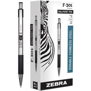 Zebra F-301 Ballpoint Stainless Steel Retractable Pen, Fine Point, 0.7mm, Black Ink, 12-Count