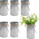 6" High Vase Centerpiece for Table, Rustic Farmhouse Mason Jars with Twine Bow, Vintage Galvanized Metal Flower Container for Wedding Home Decor (Silver, 6Pcs)