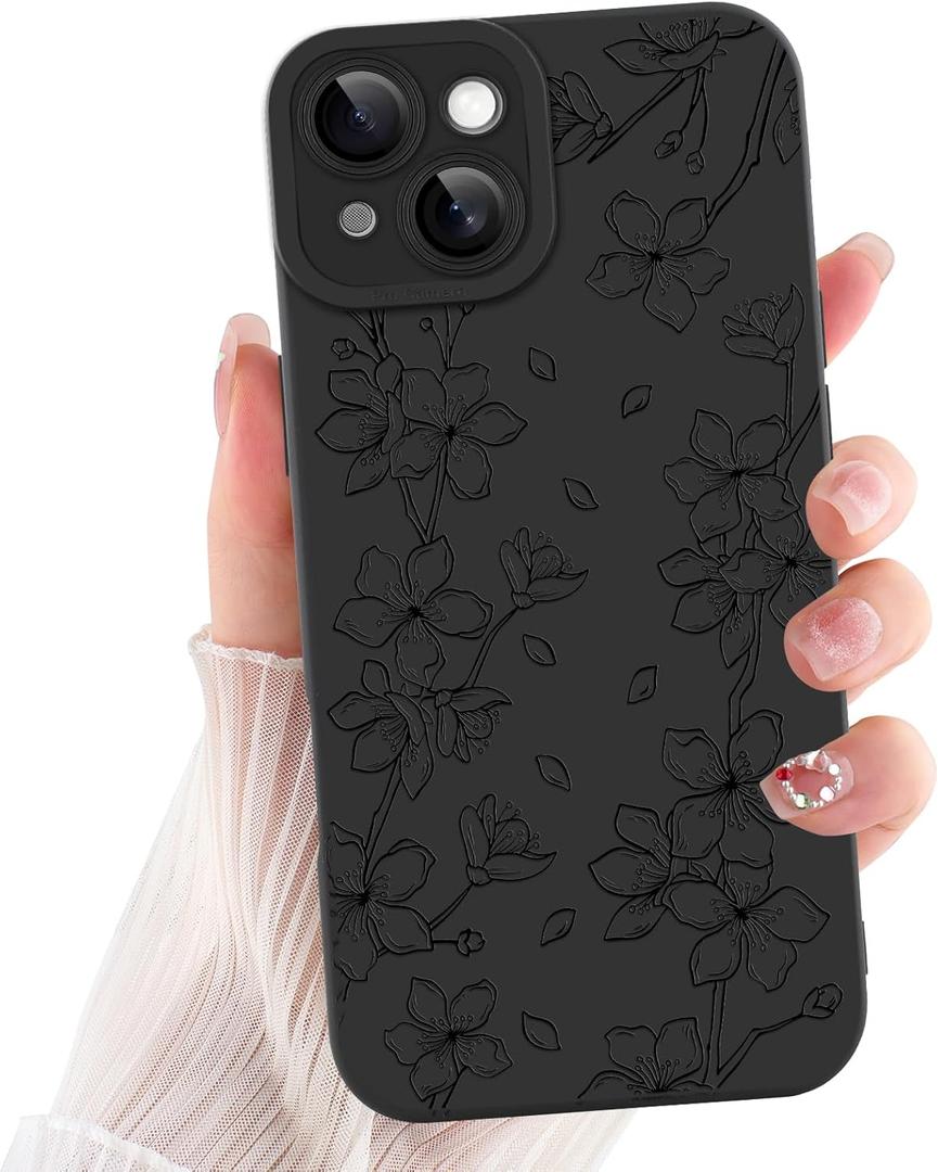 ZIYE for iPhone 15 Plus Case Flower Floral Pattern for Women Girls Slim Soft TPU Camera Protection Cute Cover Designed for iPhone 15 Plus 6.7 Inch, Black