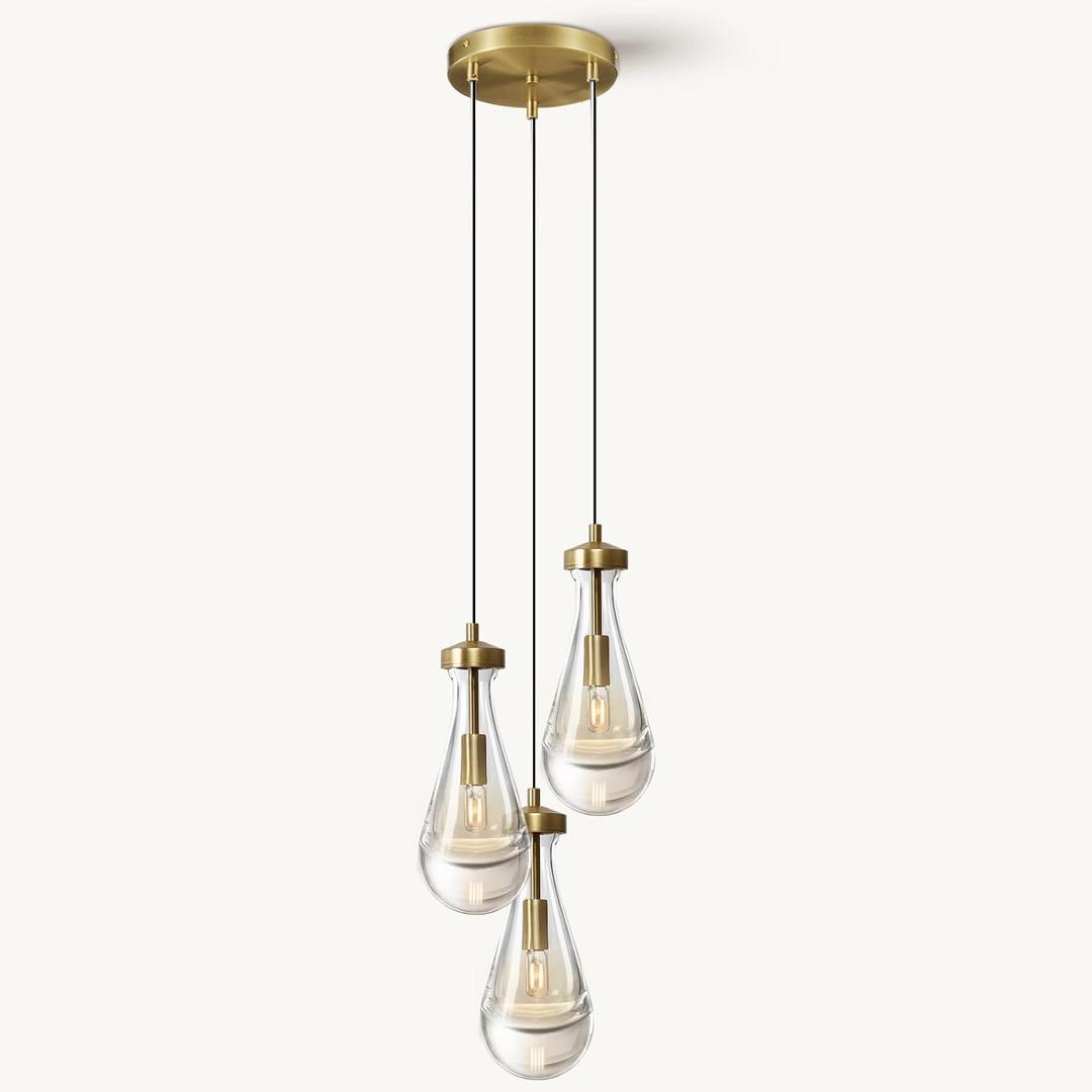 Raindrop Pendant Light Kitchen Island, 3 Lights Gold Pendant Lights for Dining Room, 3-Light Brass Pendant Lighting For Bedroom, Cluster Pendant Light for Bathroom, Livring Room Includes Bulb