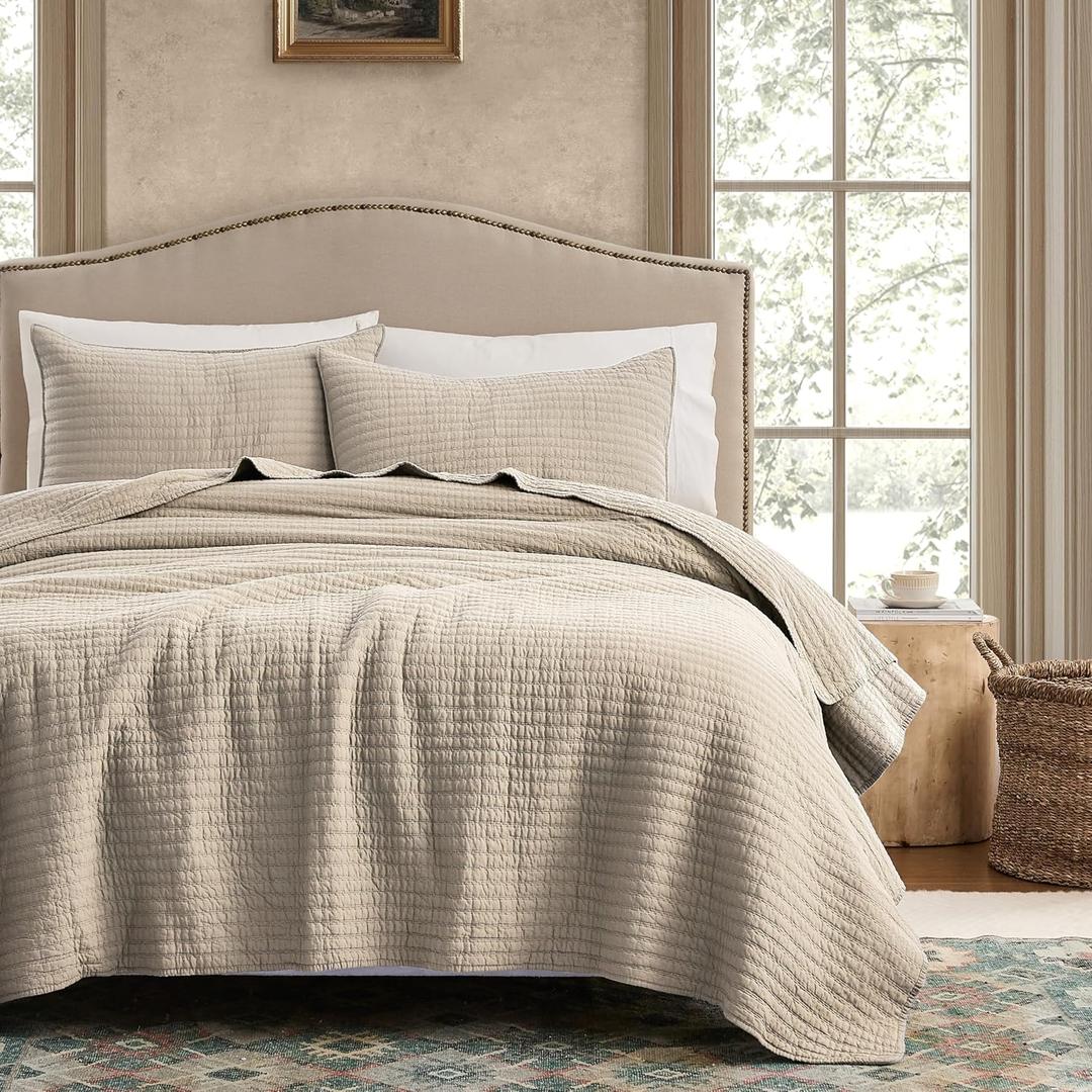 WDCOZY 100% Cotton King Size Quilt Set - Beige Neutral Striped Pick Stitch Soft Lightweight Bedspread, Textured Like Linen, Farmhouse Country Rustic Coverlet, Shabby Chic Gauze Bedding, 3 Pieces (King (106"x96"), Linen (Warm Yellow Tint)) WDCOZY 100% Cotton King Size Quilt Set - Beige Neutral Striped Pick Stitch Soft Lightweight Bedspread, Textured Like Linen, Farmhouse Country Rustic Coverlet, Shabby Chic Gauze Bedding, 3 Pieces (King (106"x96"), Linen (Warm Yellow Tint))